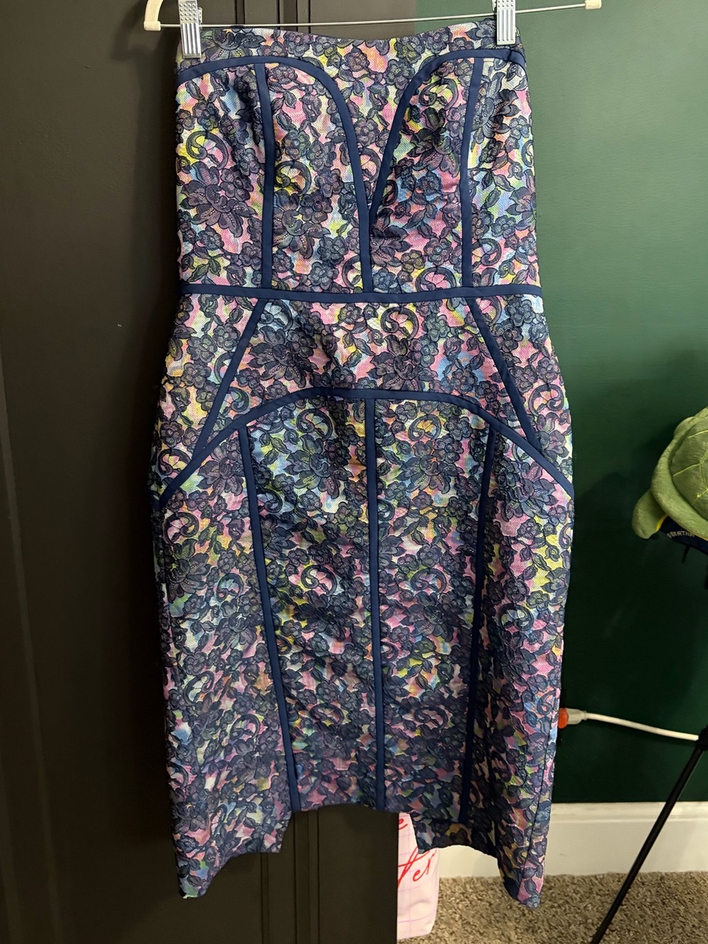 Nicole Miller Strapless Floral Midi Dress in Navy, Pink, Yellow